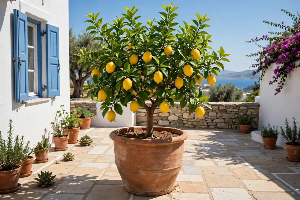 Lemon tree with yellow fruit in a large terracotta pot on a patio