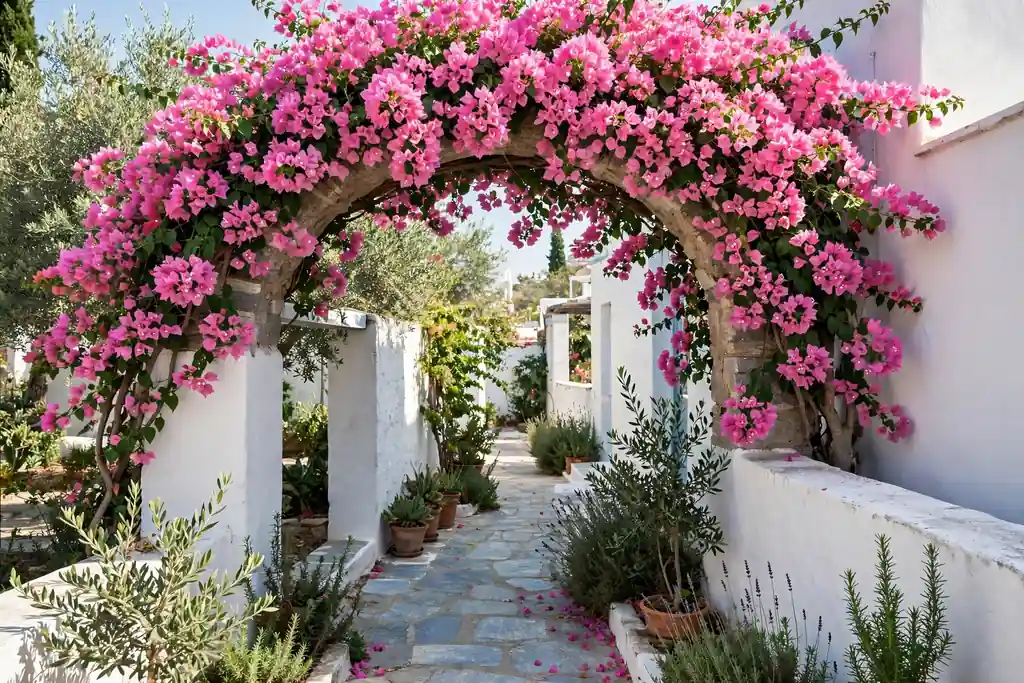 Bougainvillea arch with pink flowers over a garden walkway