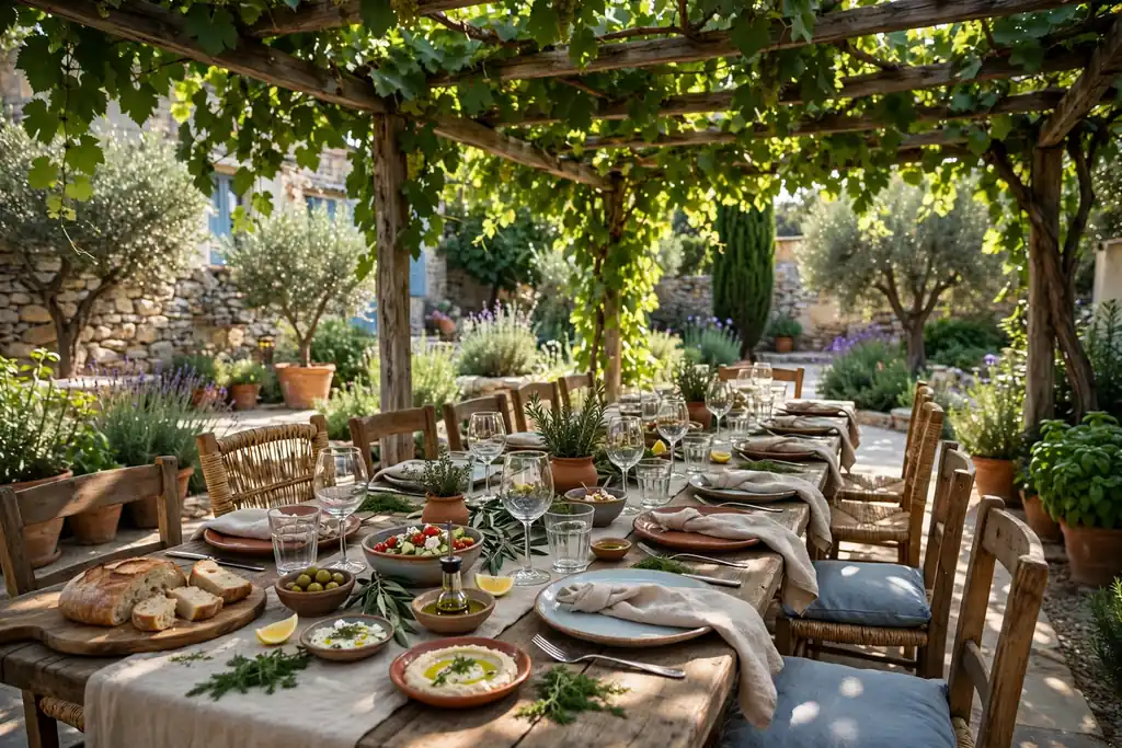 Long wooden table set for a meal under pergola shade