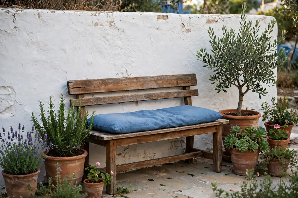 Wooden bench with a blue cushion against a whitewashed garden wall