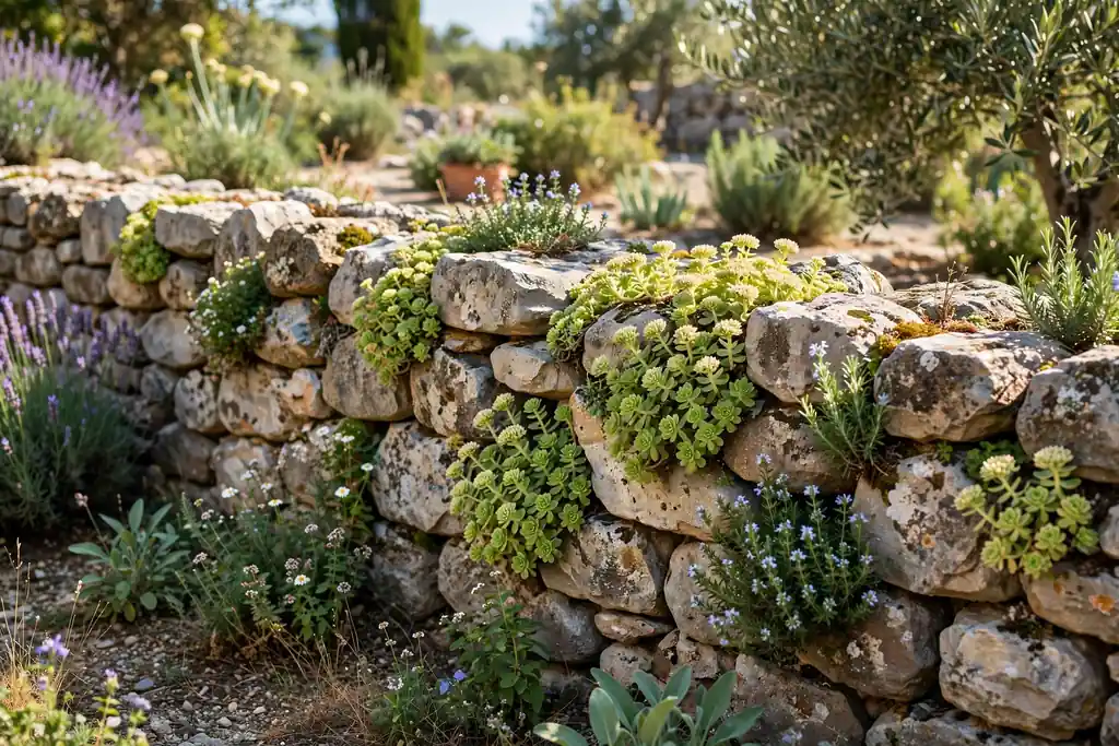 Dry stone wall with sedum and small herbs growing in its gaps