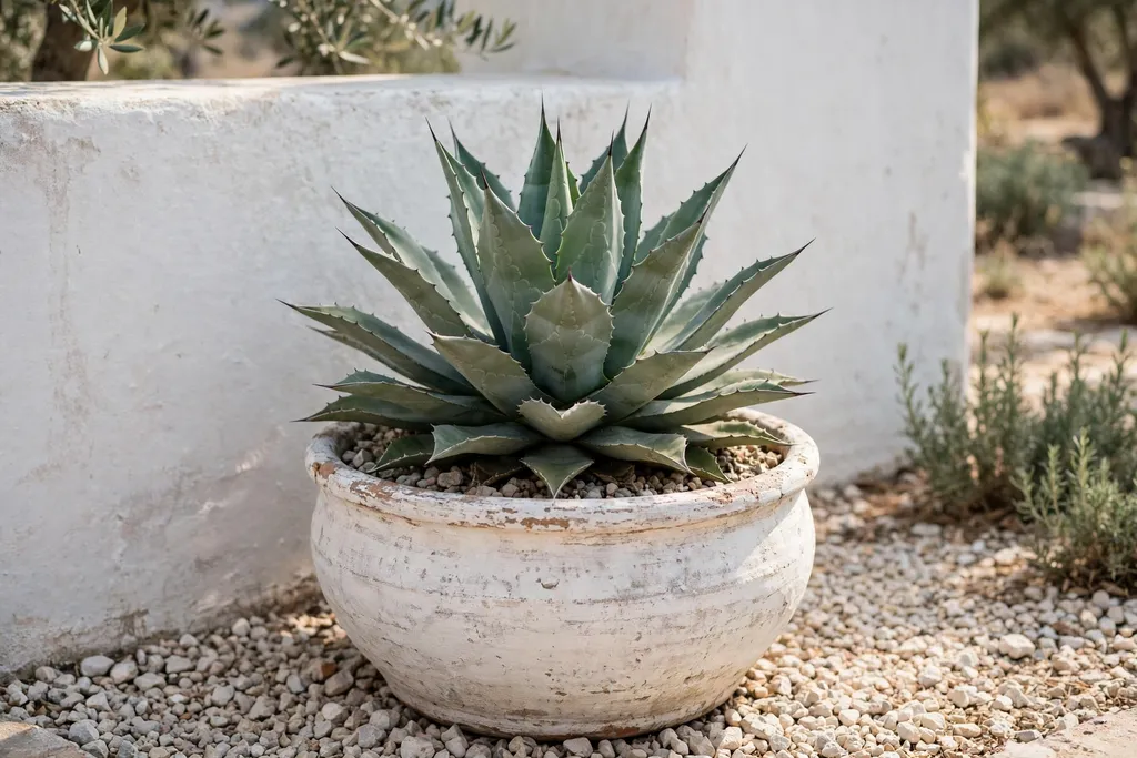 Agave plant in a whitewashed planter against a pale garden wall
