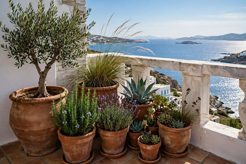 Wind tolerant plants in heavy terracotta pots on a seaside balcony