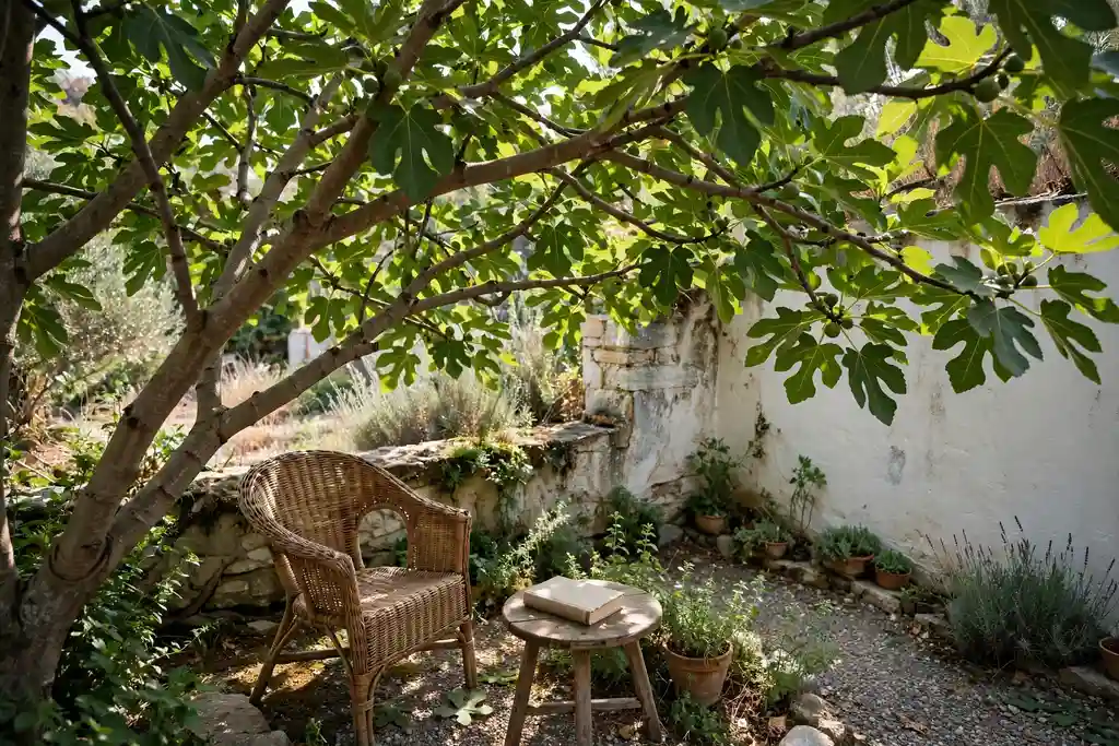 Fig tree shading a chair and small table in a garden corner
