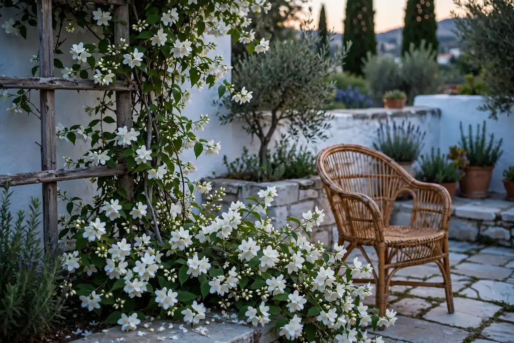 White jasmine flowers near a seating area in a garden at evening light