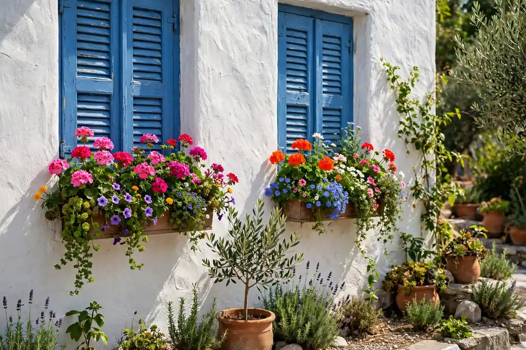 Window boxes with flowers under blue painted shutters on a whitewashed wall