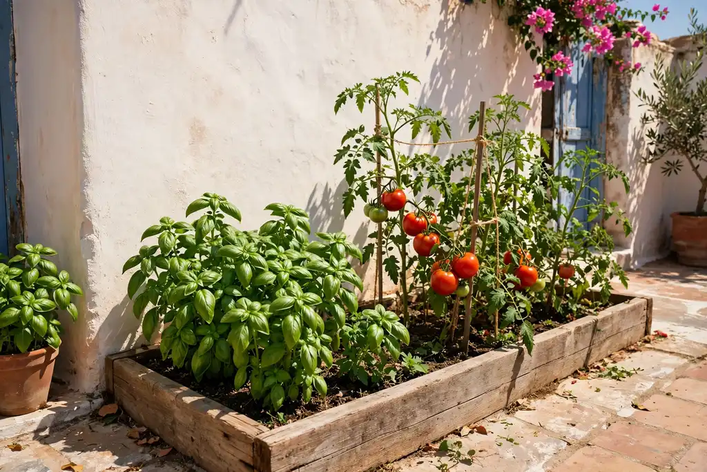 Courtyard vegetable patch with tomatoes and basil in a raised bed