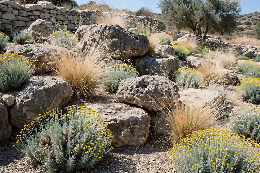 Rock garden with santolina ornamental grasses and large stones
