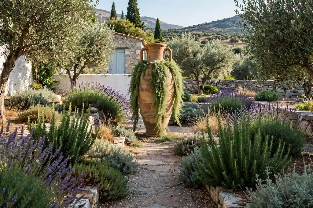 Tall terracotta amphora planter at the end of a garden path