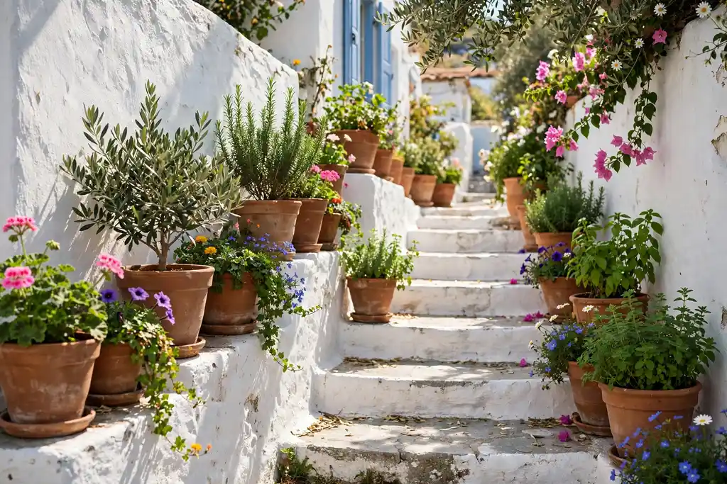 Whitewashed stairway lined with terracotta pots of plants