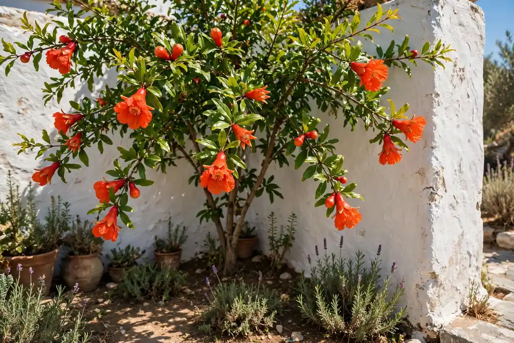 Pomegranate tree with orange red flowers in a sunny garden corner