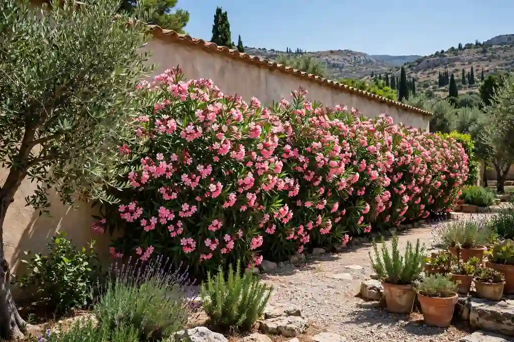Oleander hedge with pink flowers along a garden boundary
