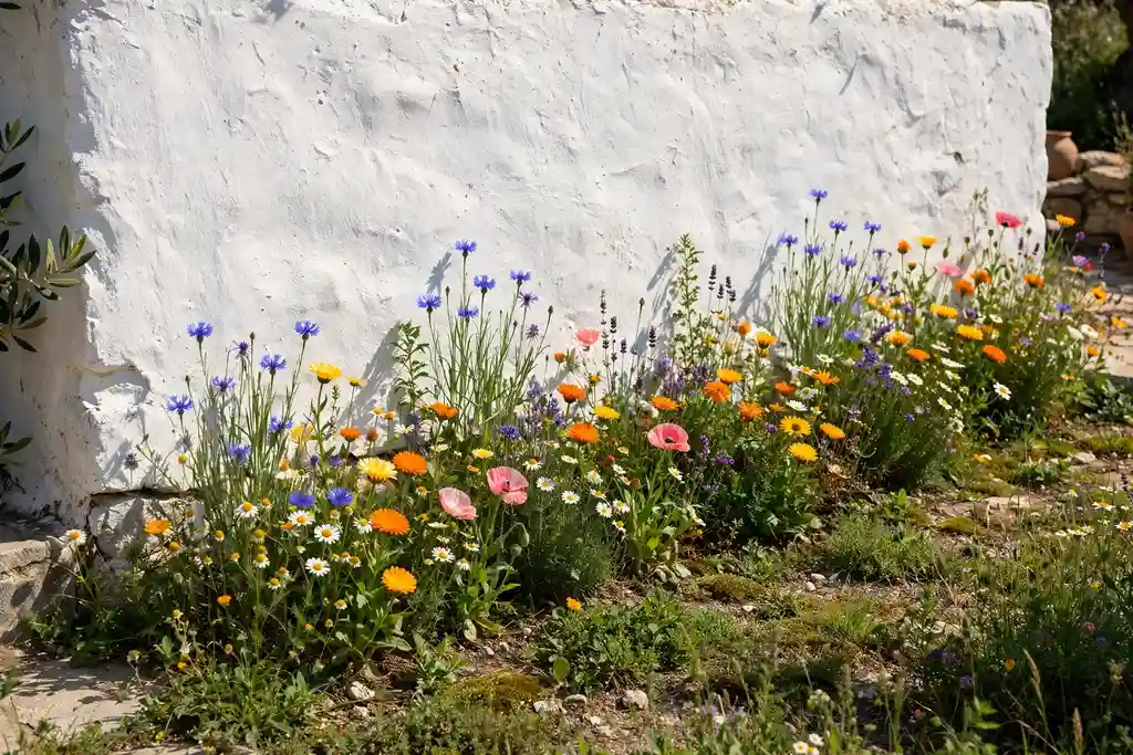 Wildflower strip flowering along a sunny garden wall