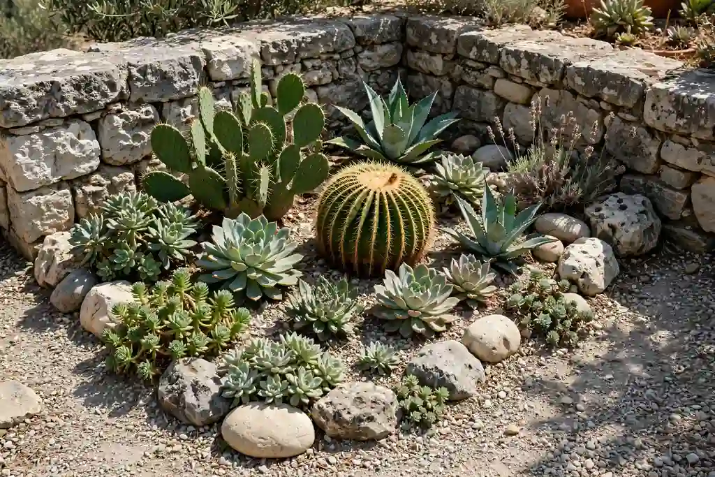 Succulents and cactus in a gravel dry corner garden