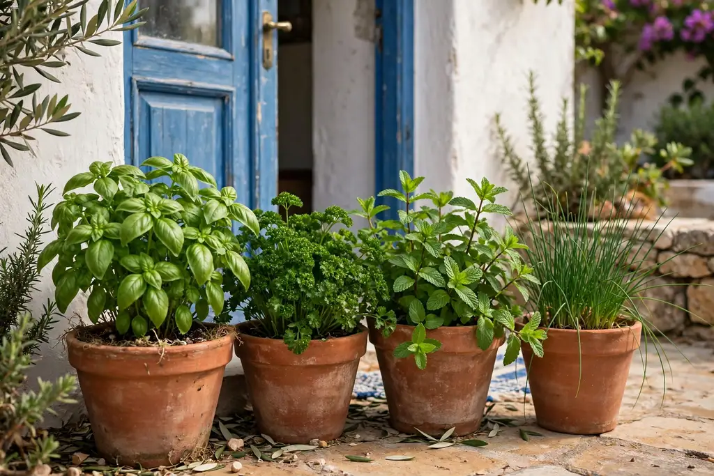 Kitchen herb pots of basil parsley mint and chives grouped by a back door