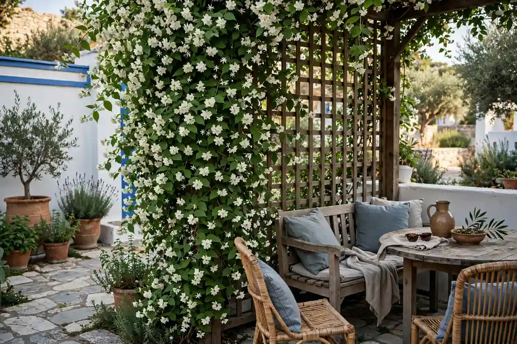 Jasmine growing over a trellis screen beside a seating area