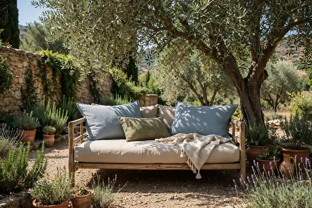 Daybed with cushions in the shade of an olive tree