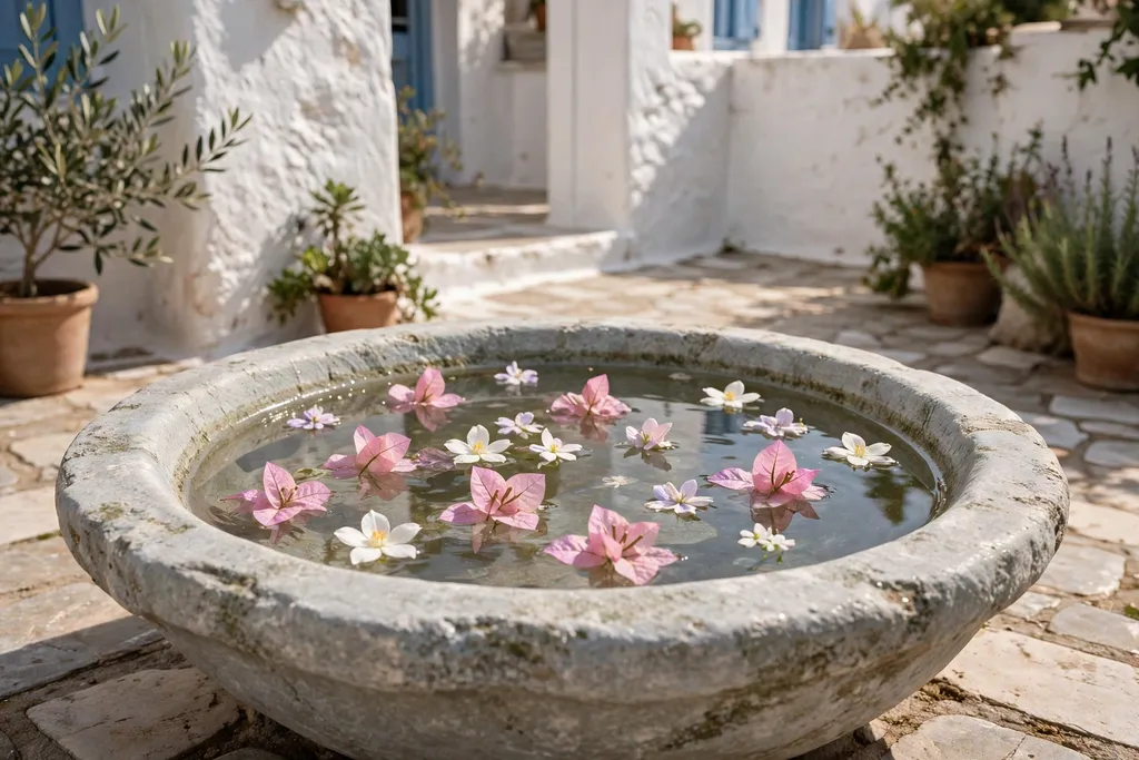 Shallow stone bowl of water with floating flowers in a courtyard