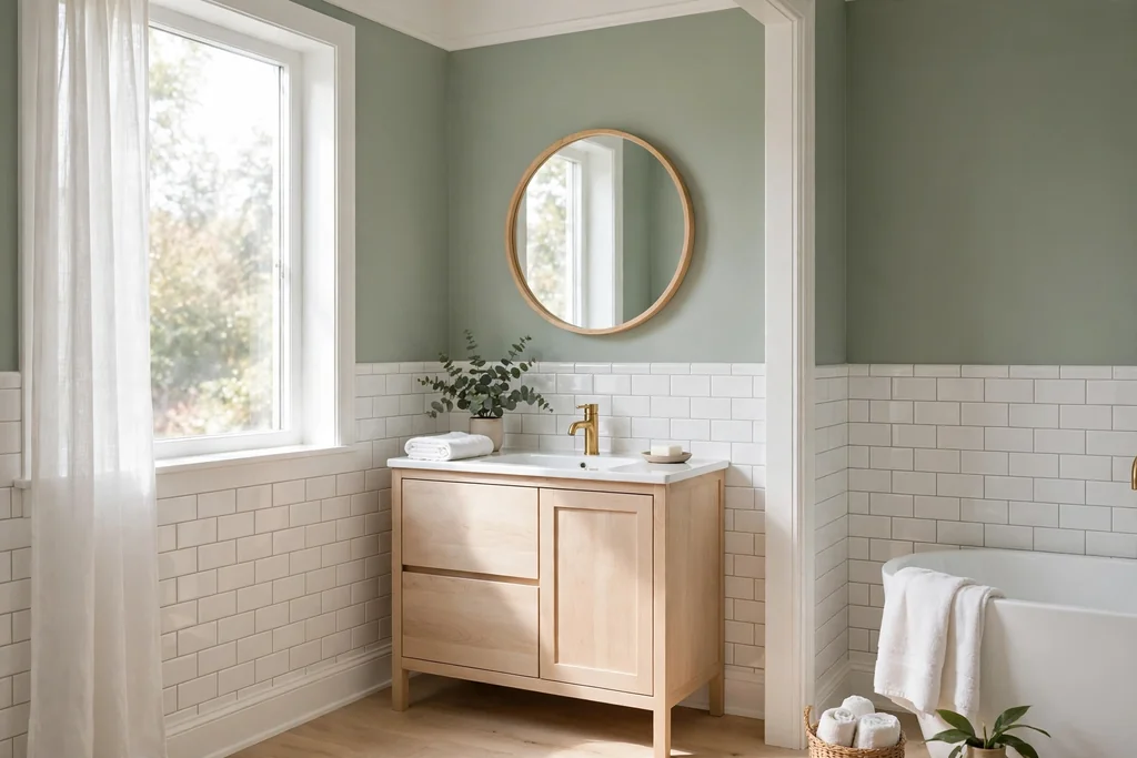 Bathroom with soft sage green painted walls, white trim, and a pale wood vanity