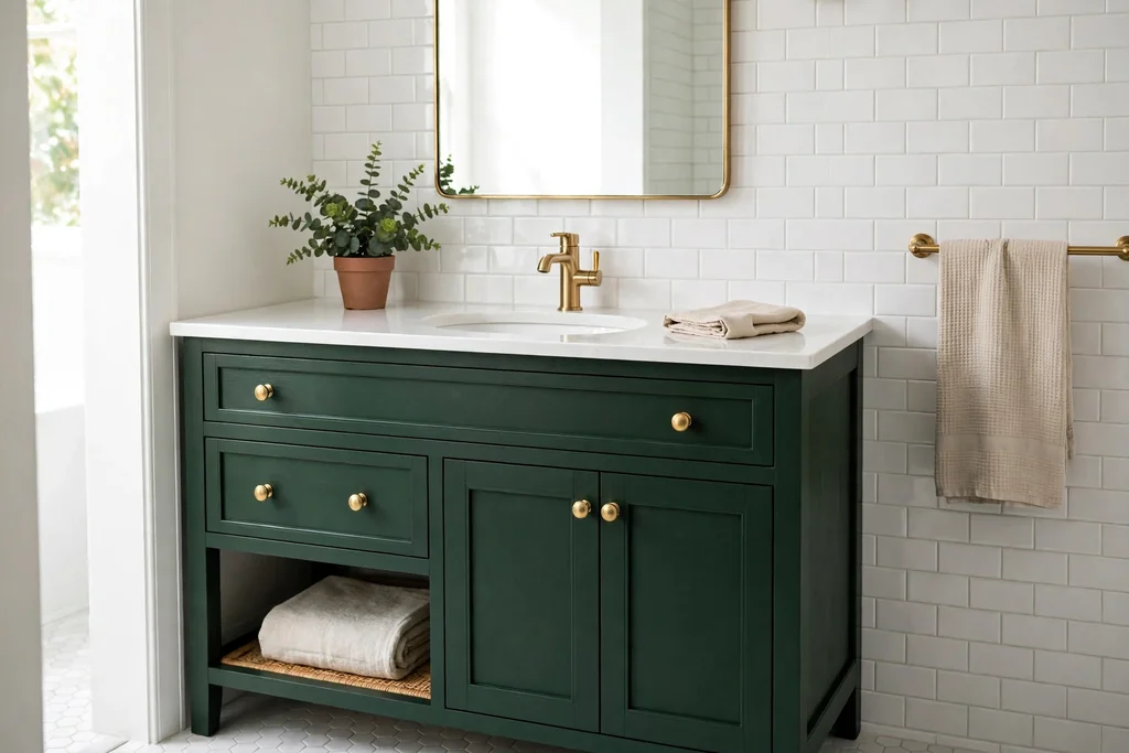 Bathroom with a deep forest green vanity cabinet, brass knobs, and a white counter