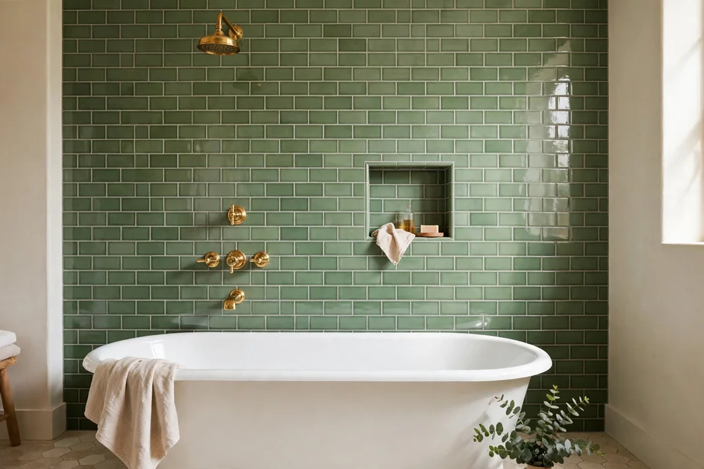 Shower wall with green subway tiles, a white tub, and brass shower fittings