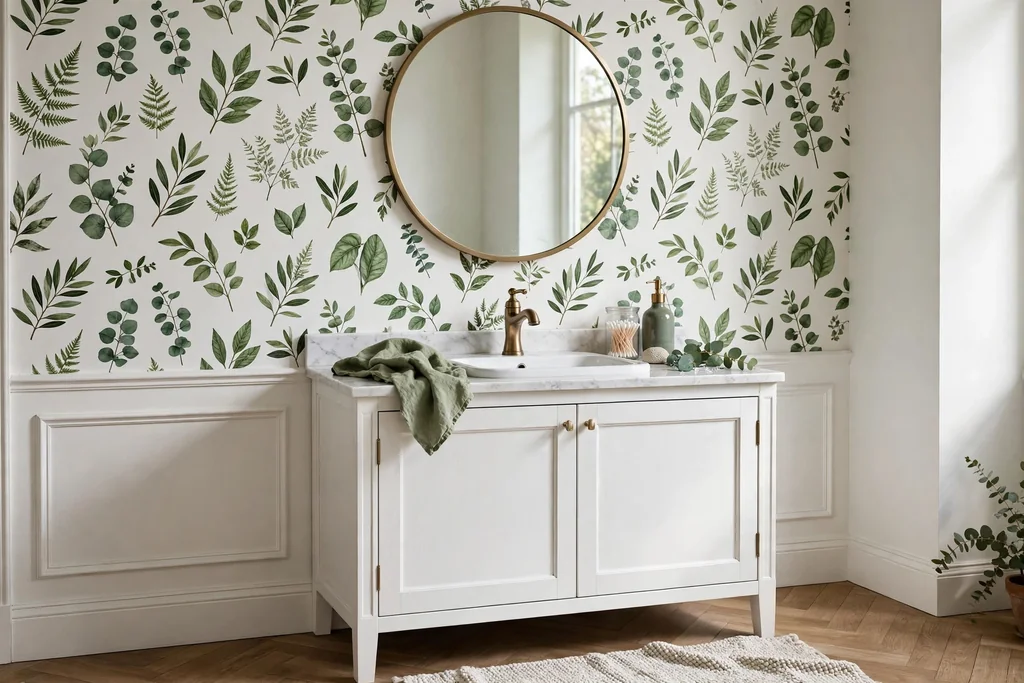 Bathroom accent wall with botanical leaf wallpaper behind a white vanity