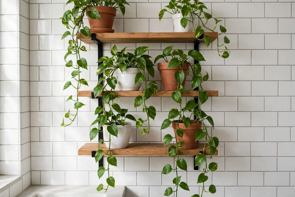 Open bathroom shelves with trailing pothos plants in pots beside white tile