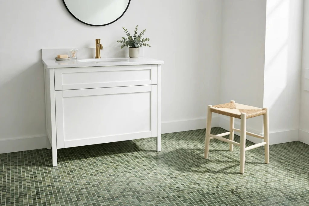 Bathroom floor with green mosaic tiles, a white vanity, and a wood stool