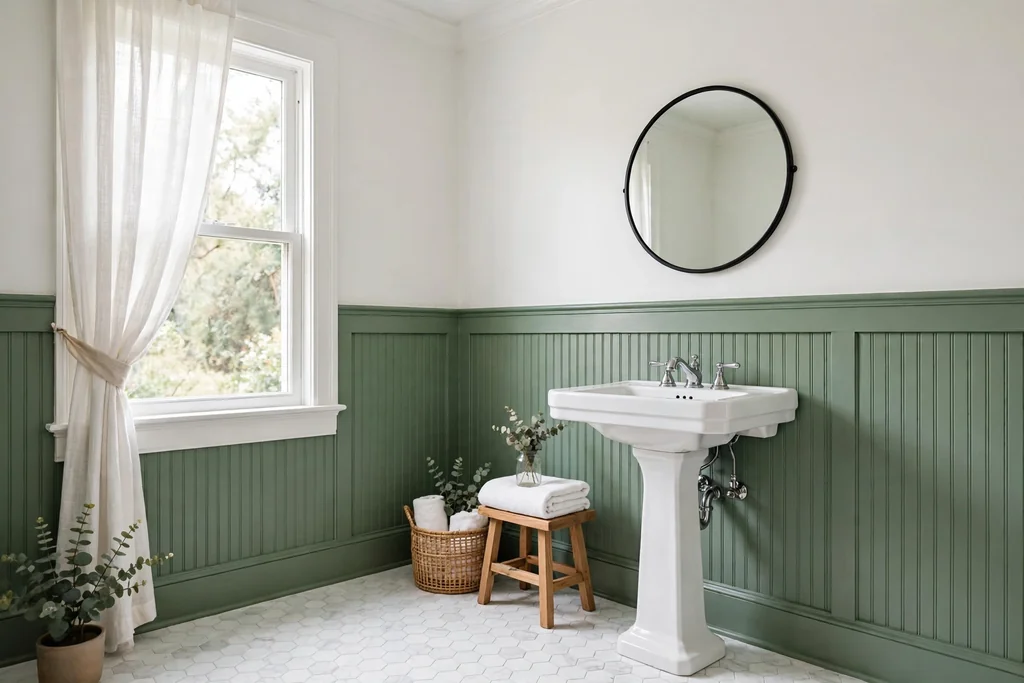Bathroom with green painted beadboard on the lower walls and white upper walls