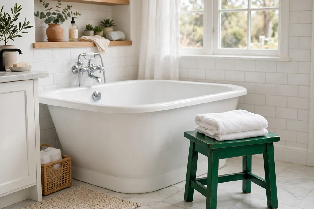 Small emerald green stool beside a bathtub holding a folded towel