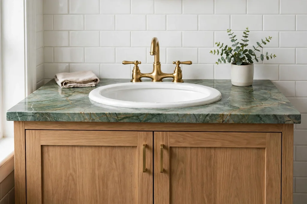 Bathroom vanity with a green marble look top, a white basin, and brass tap