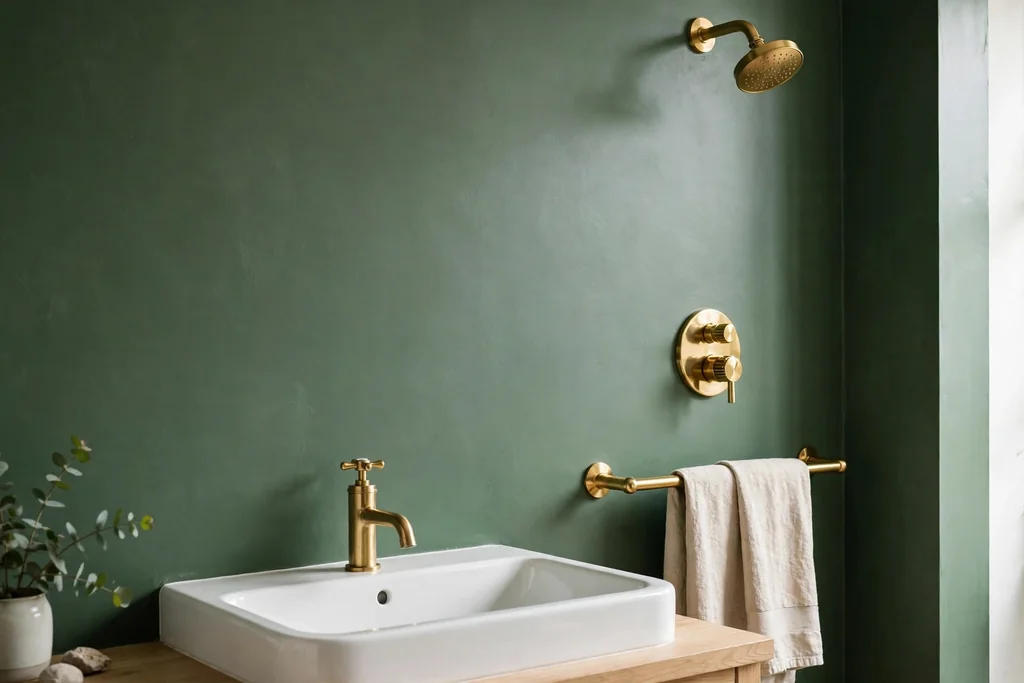 Green bathroom wall with brass tap, shower fittings, and towel rail