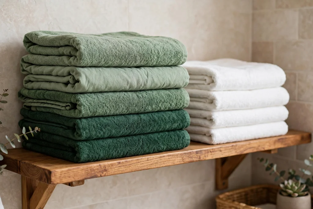 Stack of sage and forest green towels on a bathroom shelf beside white towels