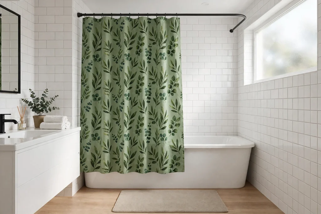 Bathroom with a green patterned shower curtain, white tile, and a plain mat