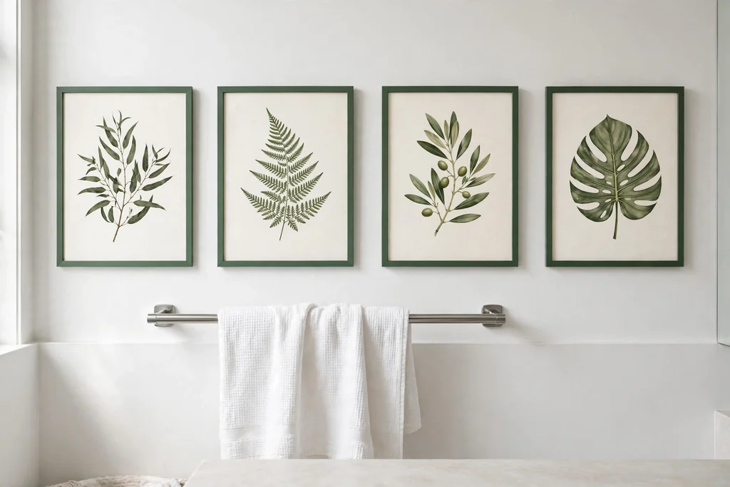 Botanical prints in slim green frames on a white bathroom wall above a towel rail