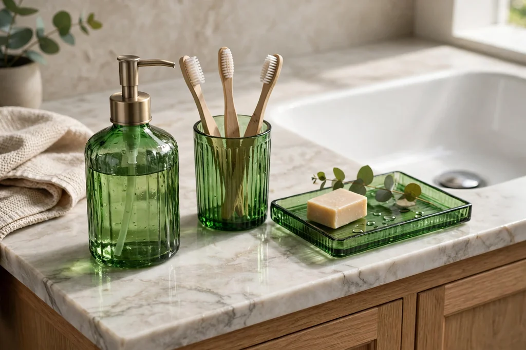 Bathroom vanity with green glass soap dispenser, toothbrush cup, and tray