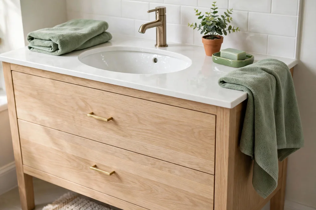 Pale wood bathroom vanity with green towels, a plant, and a green soap dish