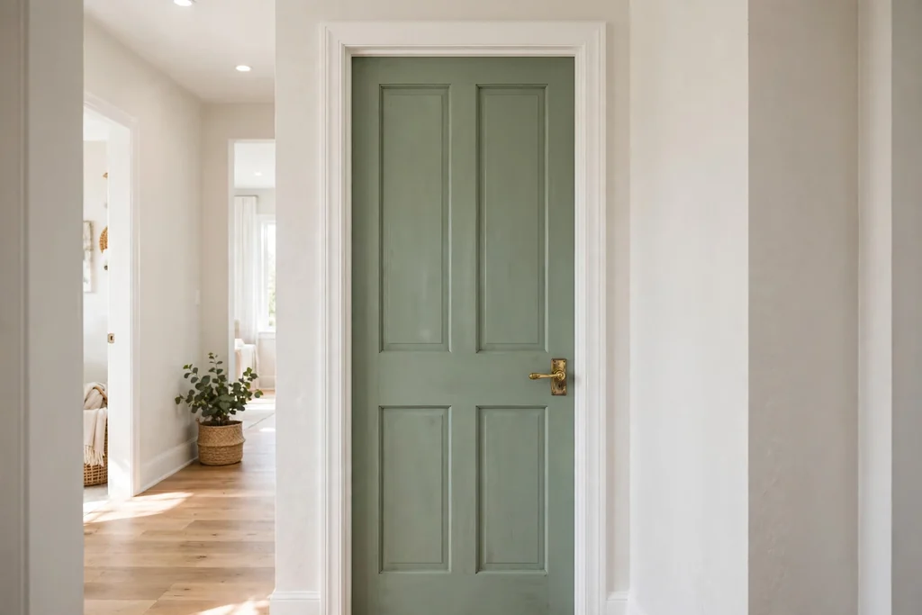 Bathroom door painted sage green with a white frame and brass handle