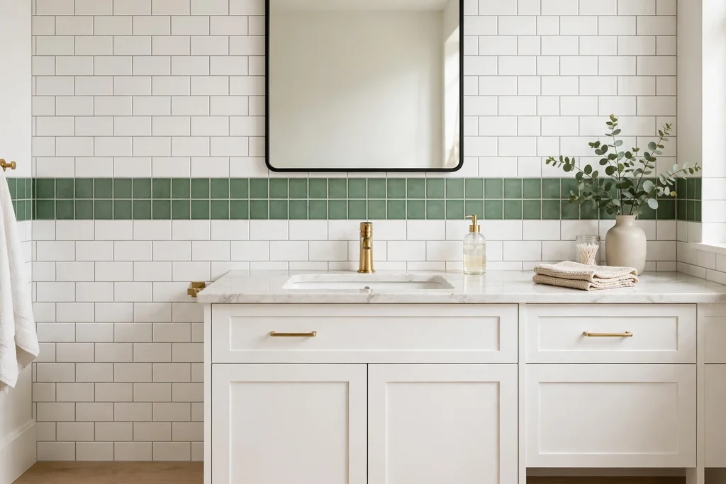 White tiled bathroom wall with a horizontal green tile border at mirror height