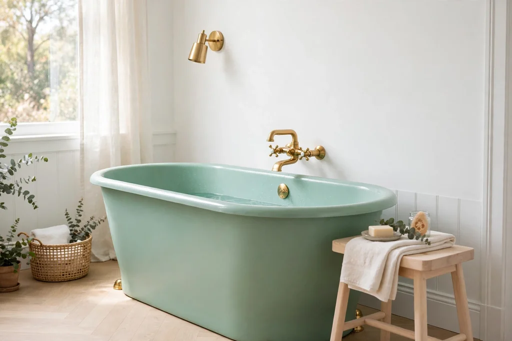 Mint green freestanding bathtub in a bright bathroom with white walls and brass fittings