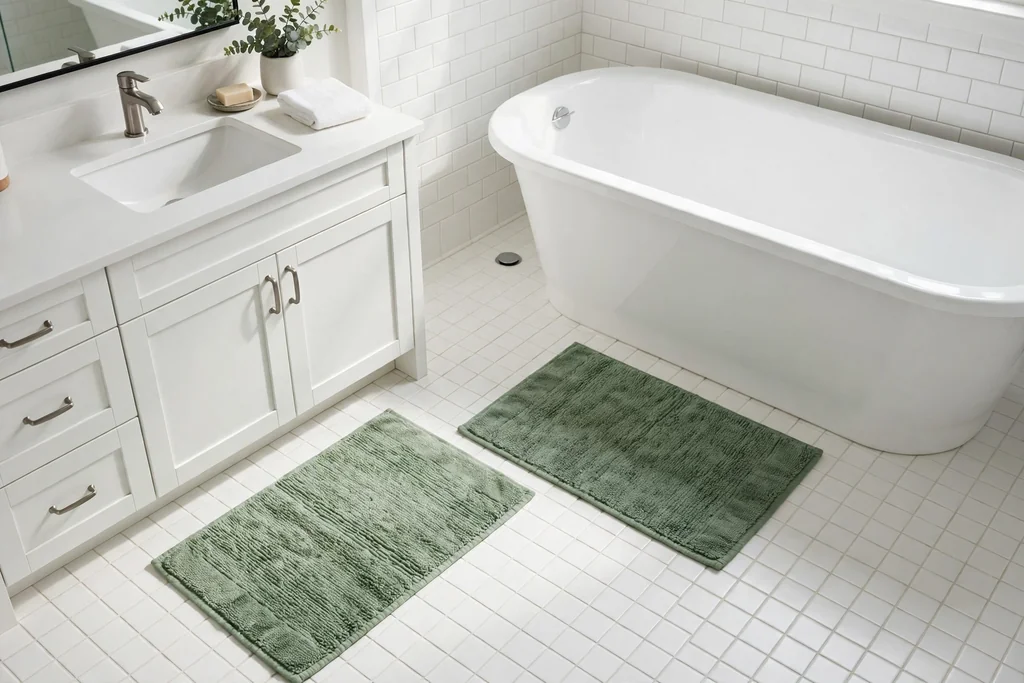Green washable bath mats beside a bathtub and vanity on a white tiled floor