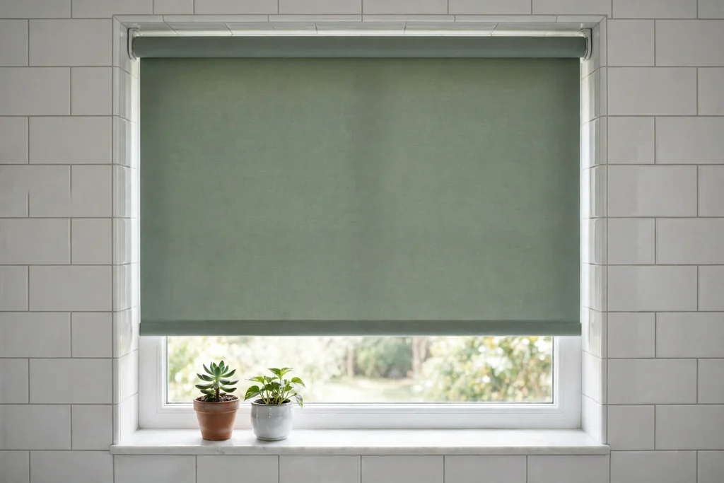 Bathroom window with a sage green blind and potted plants on the sill