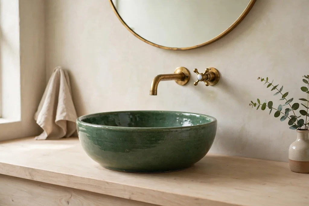Green ceramic vessel sink on a pale wood bathroom counter with a wall mounted tap