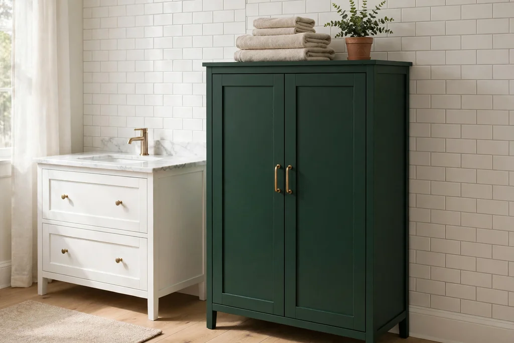Deep green tall bathroom storage cabinet beside a vanity holding folded towels