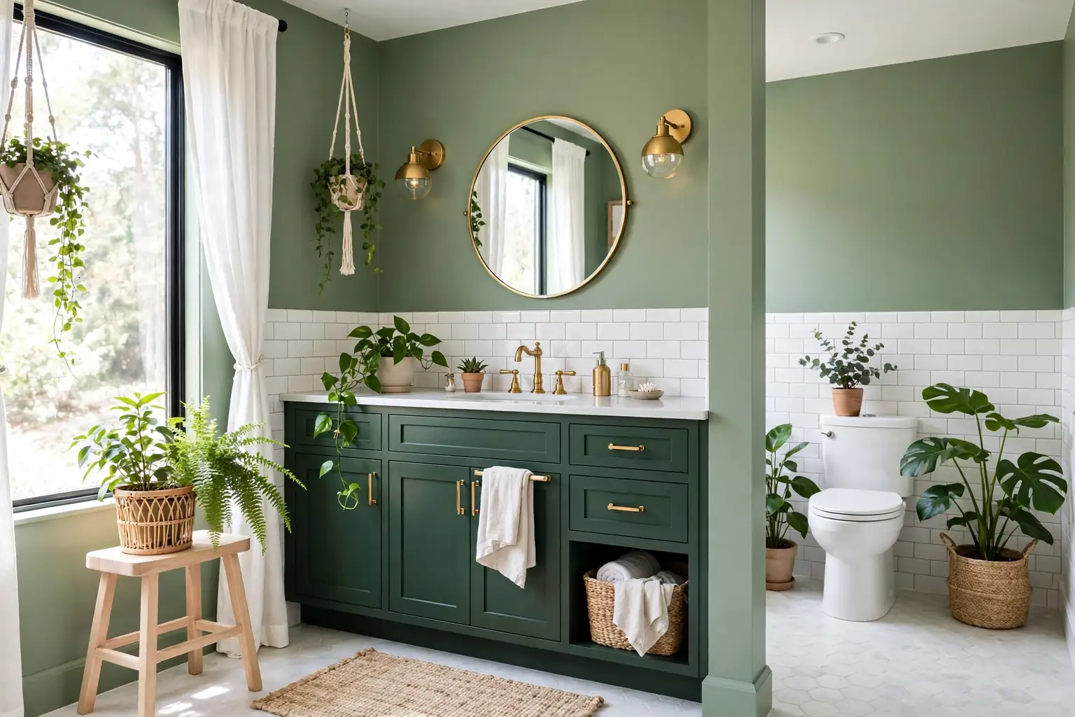 Bright bathroom with sage green walls, a forest green vanity, white tile, brass fittings, and leafy plants