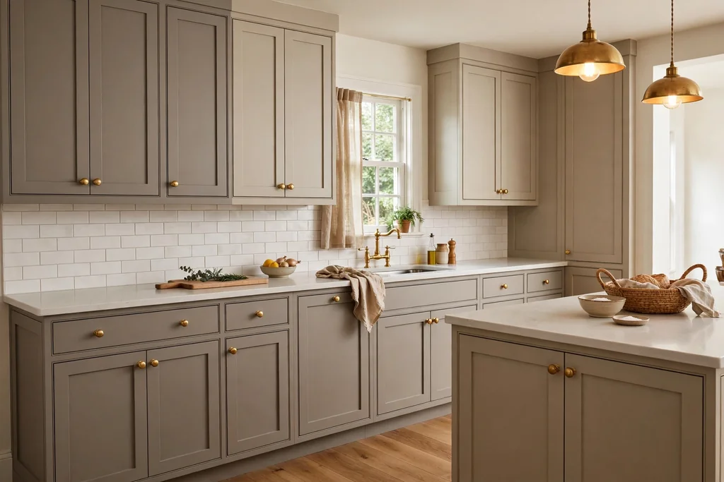 Kitchen with warm greige Shaker cabinets and brass knobs.