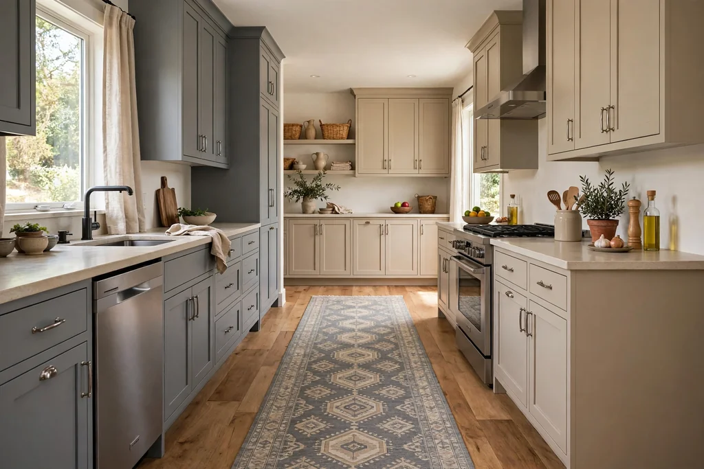 Kitchen with grey and beige cabinets and a patterned runner rug.