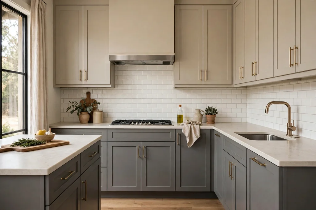 Kitchen with grey base cabinets and beige wall cabinets.
