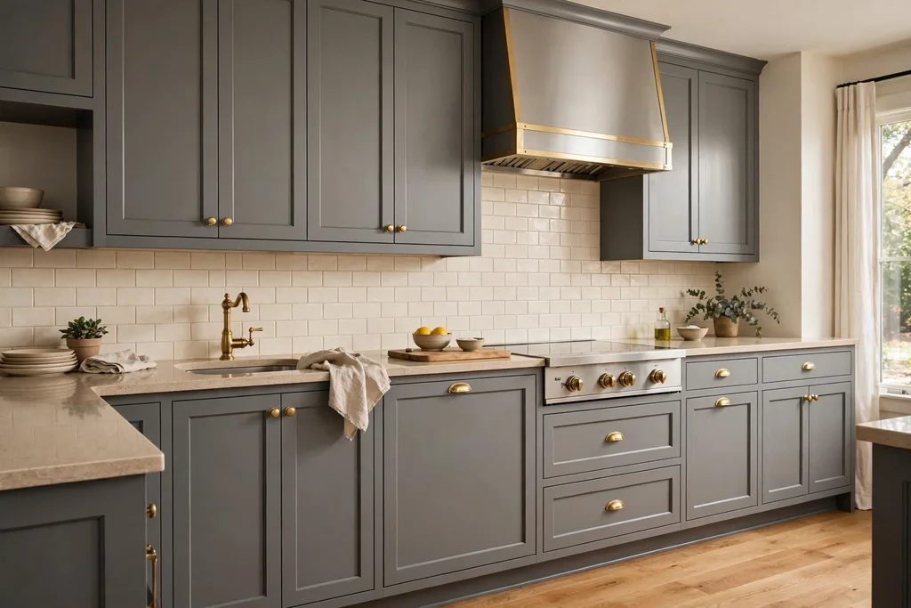 Kitchen with grey cabinets and a warm beige quartz countertop.