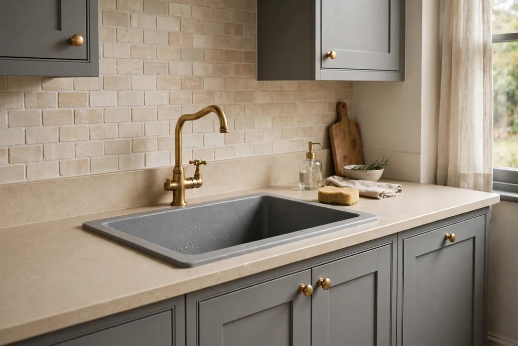 Kitchen sink area with a grey composite sink and brass tap.